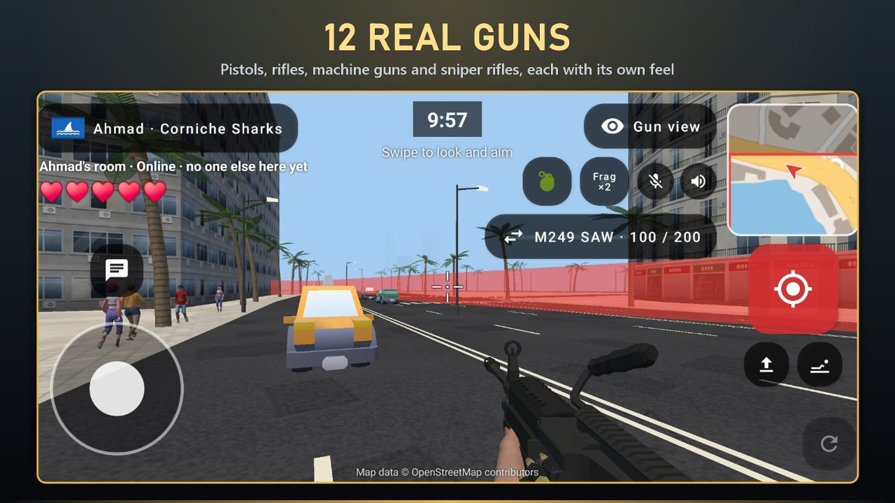 First-person view with an M249, a taxi driving ahead