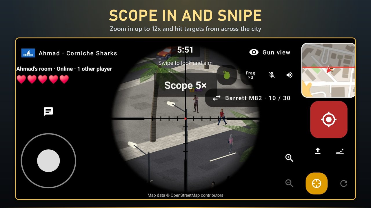 Looking through a 5× sniper scope at a busy street