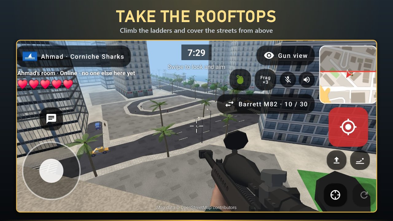 Sniping from a rooftop over the streets and traffic