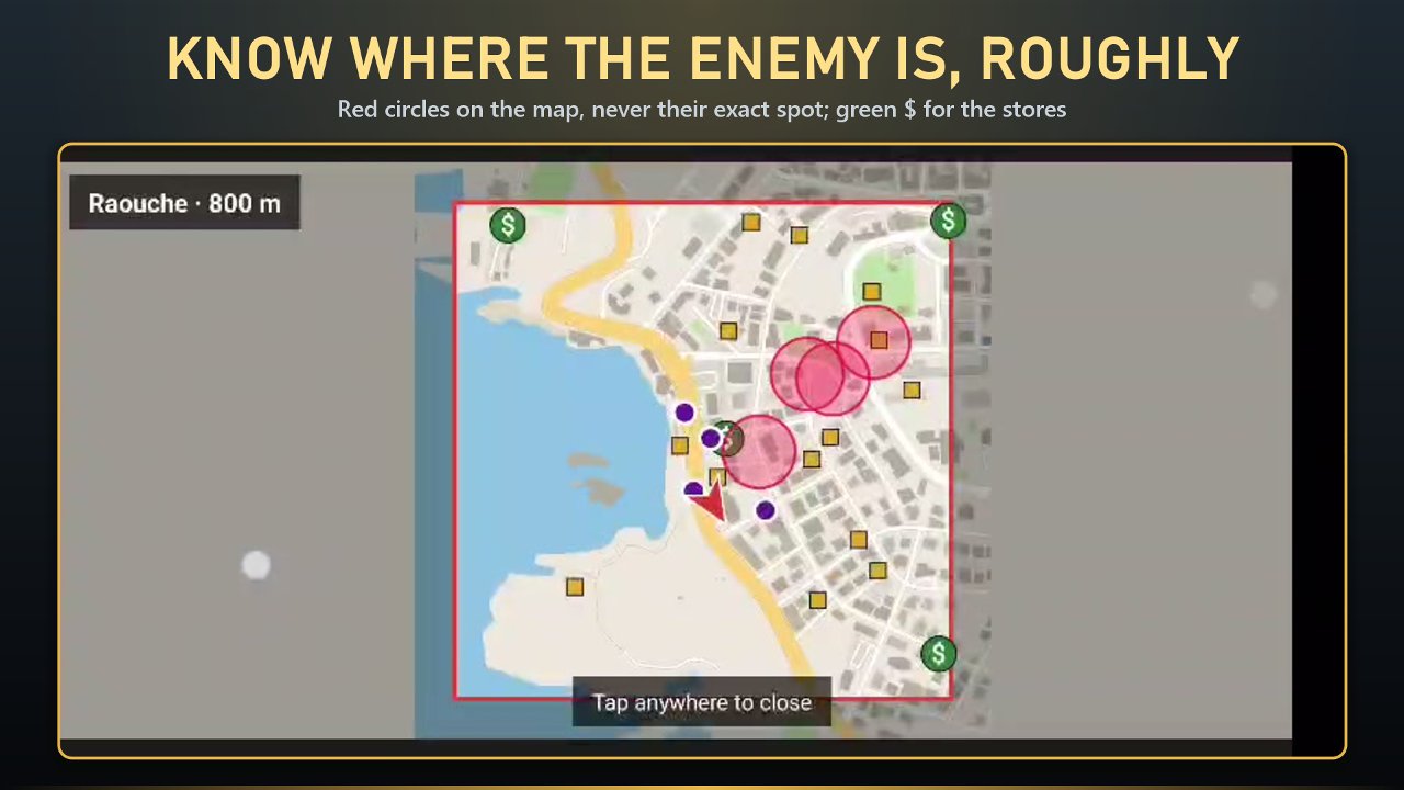 The map with red circles roughly where enemies are